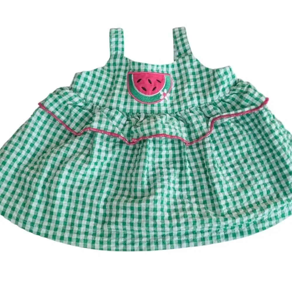 Bonnie Baby Green White Seersucker‎ Embroidered Watermelon Sundress